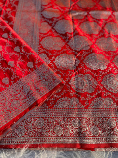 Red Pure Banarasi Mushro Satin Silk Saree Banarasi Saree Anant Tex Exports Pvt.Ltd..