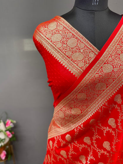 Red Pure Banarasi Mushro Satin Silk Saree Banarasi Saree Anant Tex Exports Pvt.Ltd..