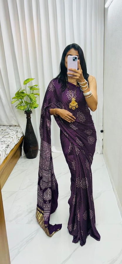 Purple Pure Soft Gajji Silk Ajrakh Print Gaji Saree Gaji Silk Saree Anant Tex Exports Pvt.Ltd..