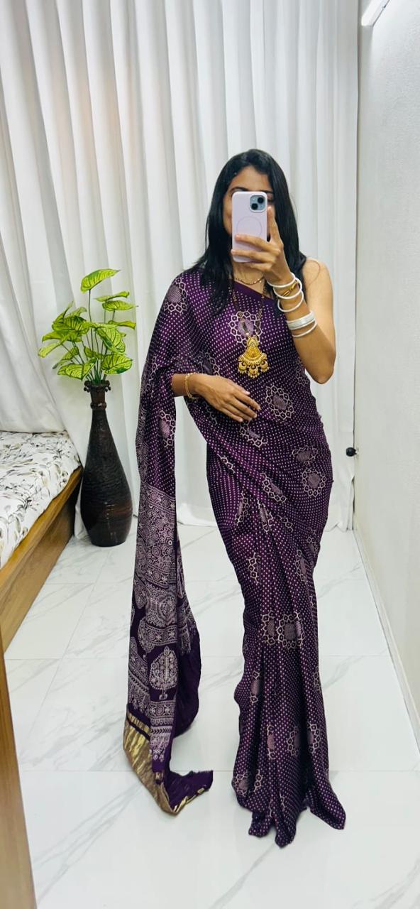 Purple Pure Soft Gajji Silk Ajrakh Print Gaji Saree