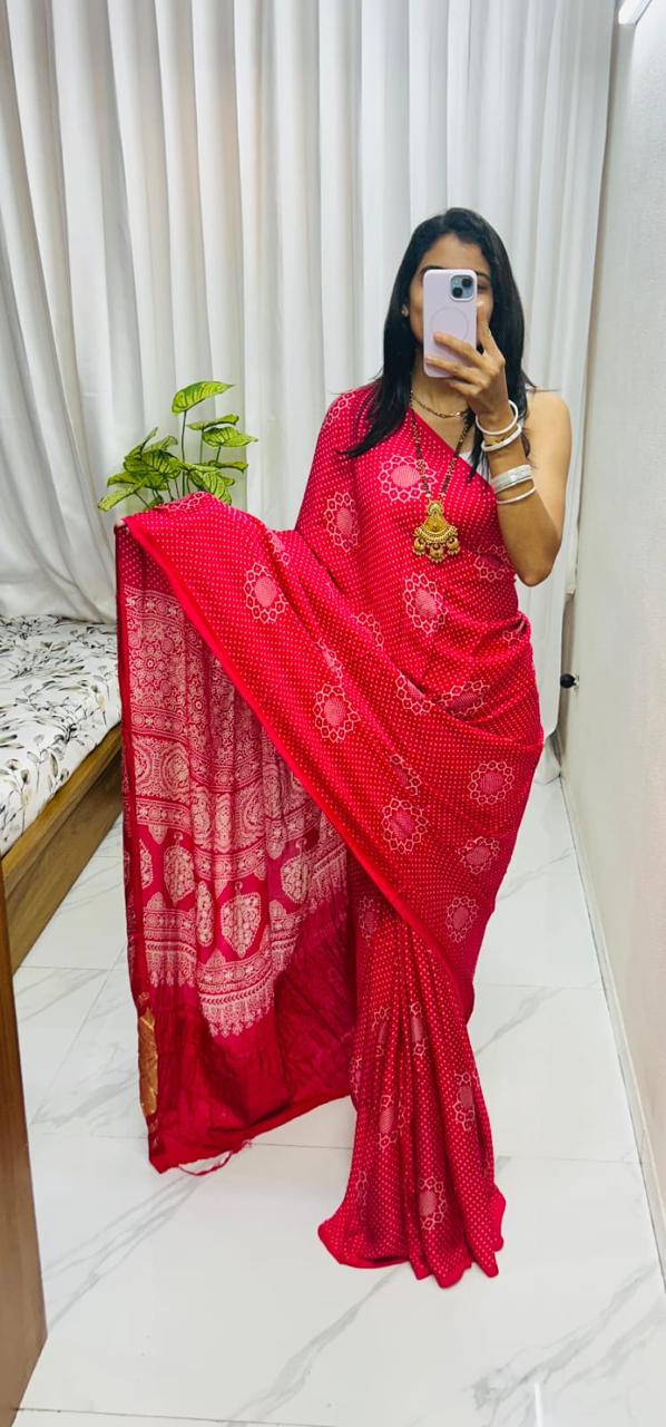 Red Pure Soft Gajji Silk Ajrakh Print Gaji Saree Gaji Silk Saree Anant Tex Exports Pvt.Ltd..