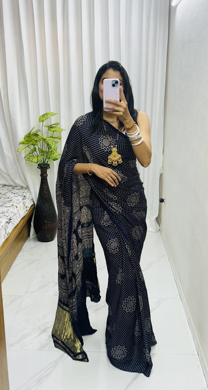 Black Pure Soft Gajji Silk Ajrakh Print Gaji Saree
