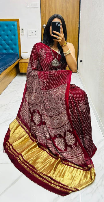 Maroon Pure Soft Gajji Silk Ajrakh Print Gaji Saree