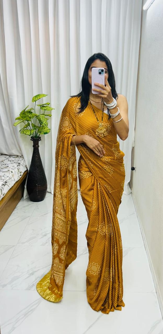 Mustard Pure Soft Gajji Silk Ajrakh Print Gaji Saree