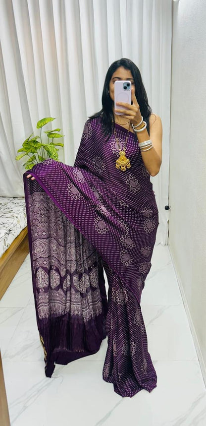 Purple Pure Soft Gajji Silk Ajrakh Print Gaji Saree Gaji Silk Saree Anant Tex Exports Pvt.Ltd..