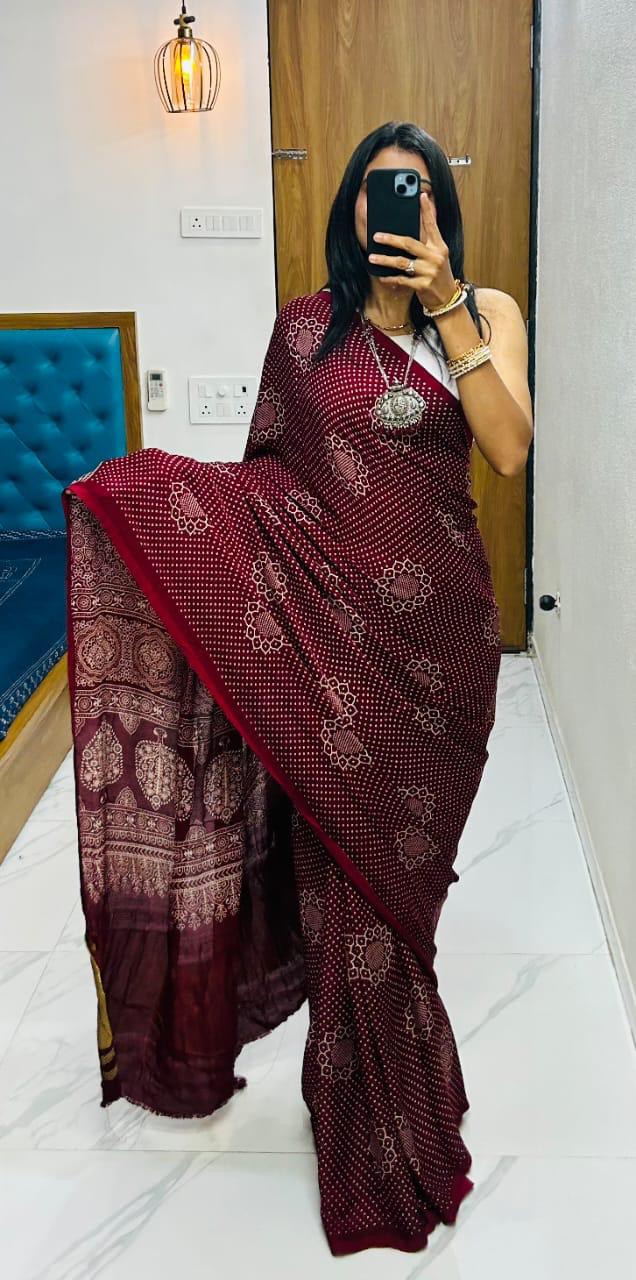 Maroon Pure Soft Gajji Silk Ajrakh Print Gaji Saree