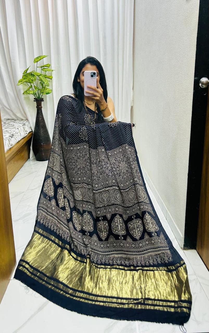 Black Pure Soft Gajji Silk Ajrakh Print Gaji Saree Gaji Silk Saree Anant Tex Exports Pvt.Ltd..