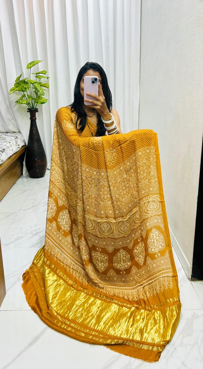 Mustard Pure Soft Gajji Silk Ajrakh Print Gaji Saree