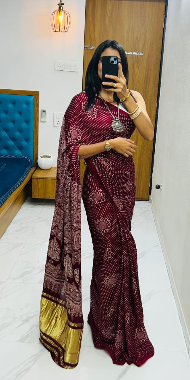 Maroon Pure Soft Gajji Silk Ajrakh Print Gaji Saree
