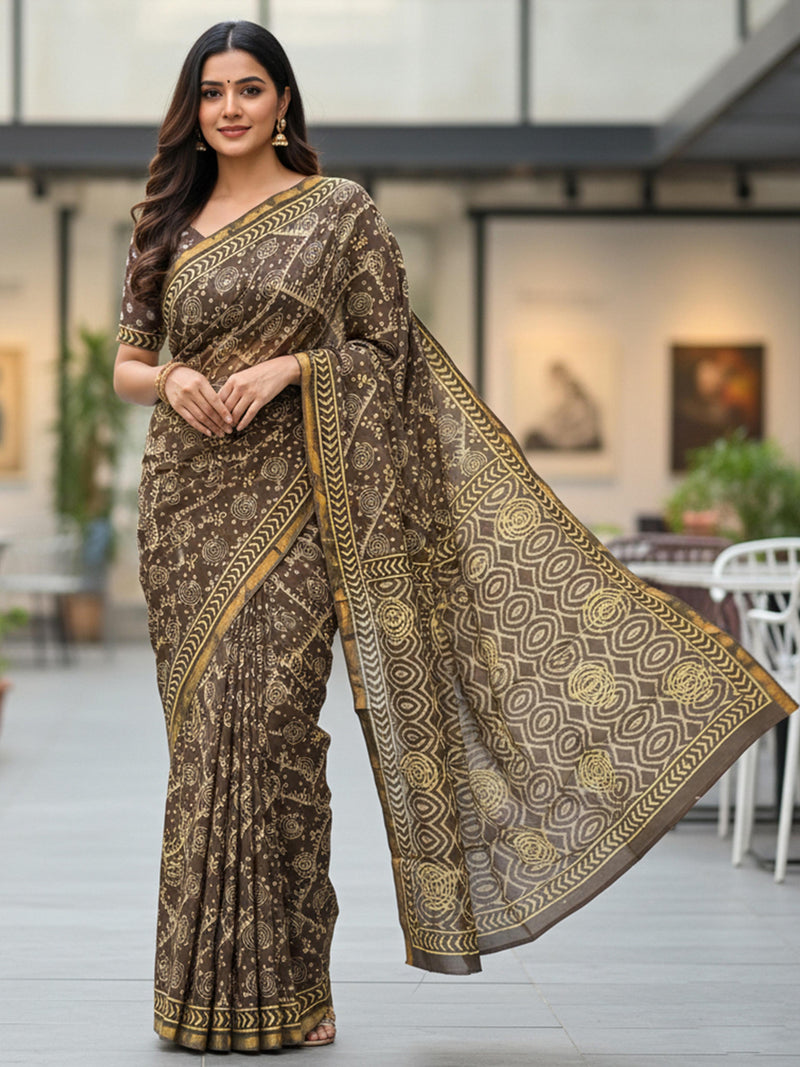 Brown Pure Soft Cotton Bagru Block Print Saree
