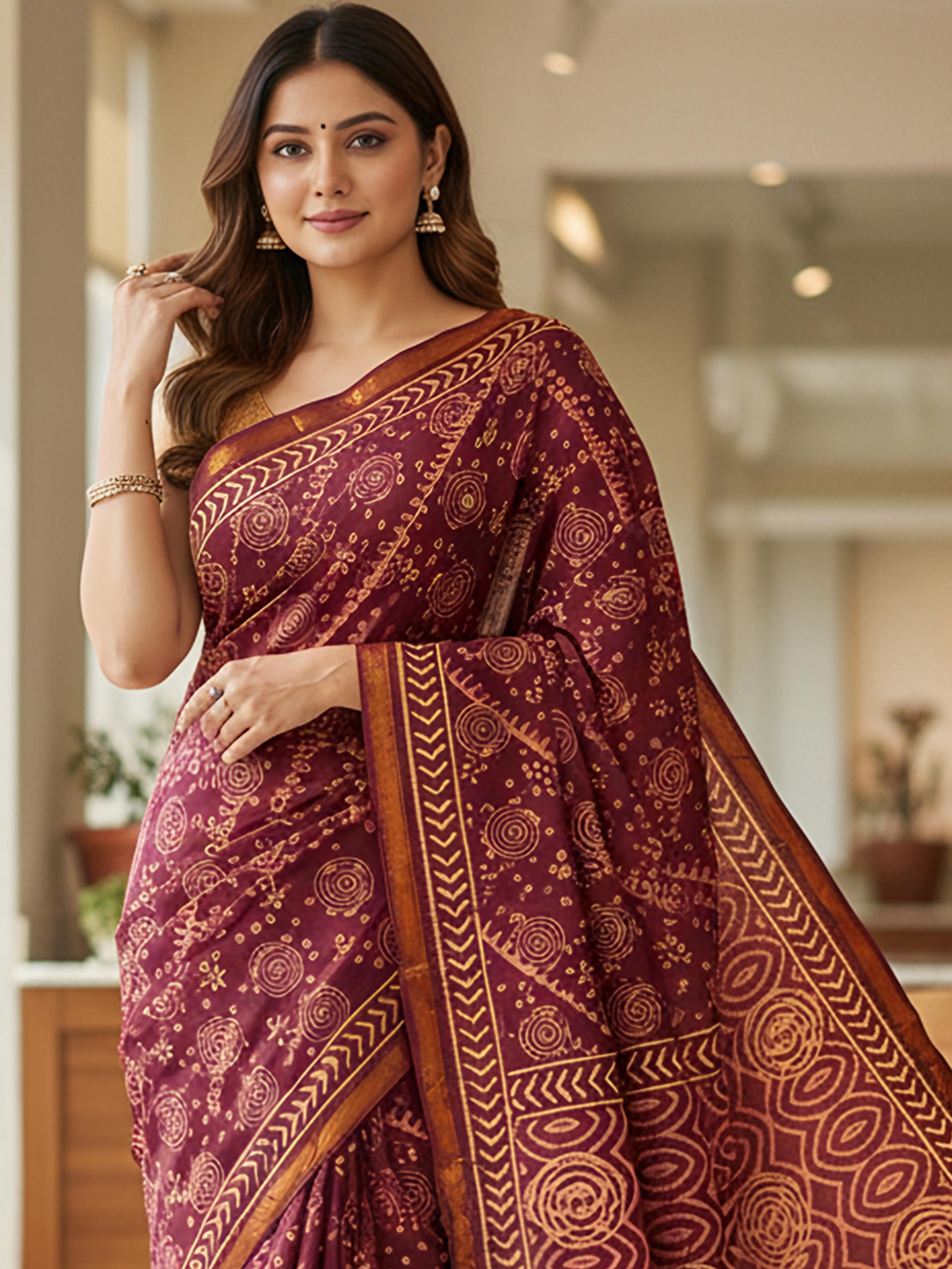 Maroon Pure Soft Cotton Bagru Block Print Saree