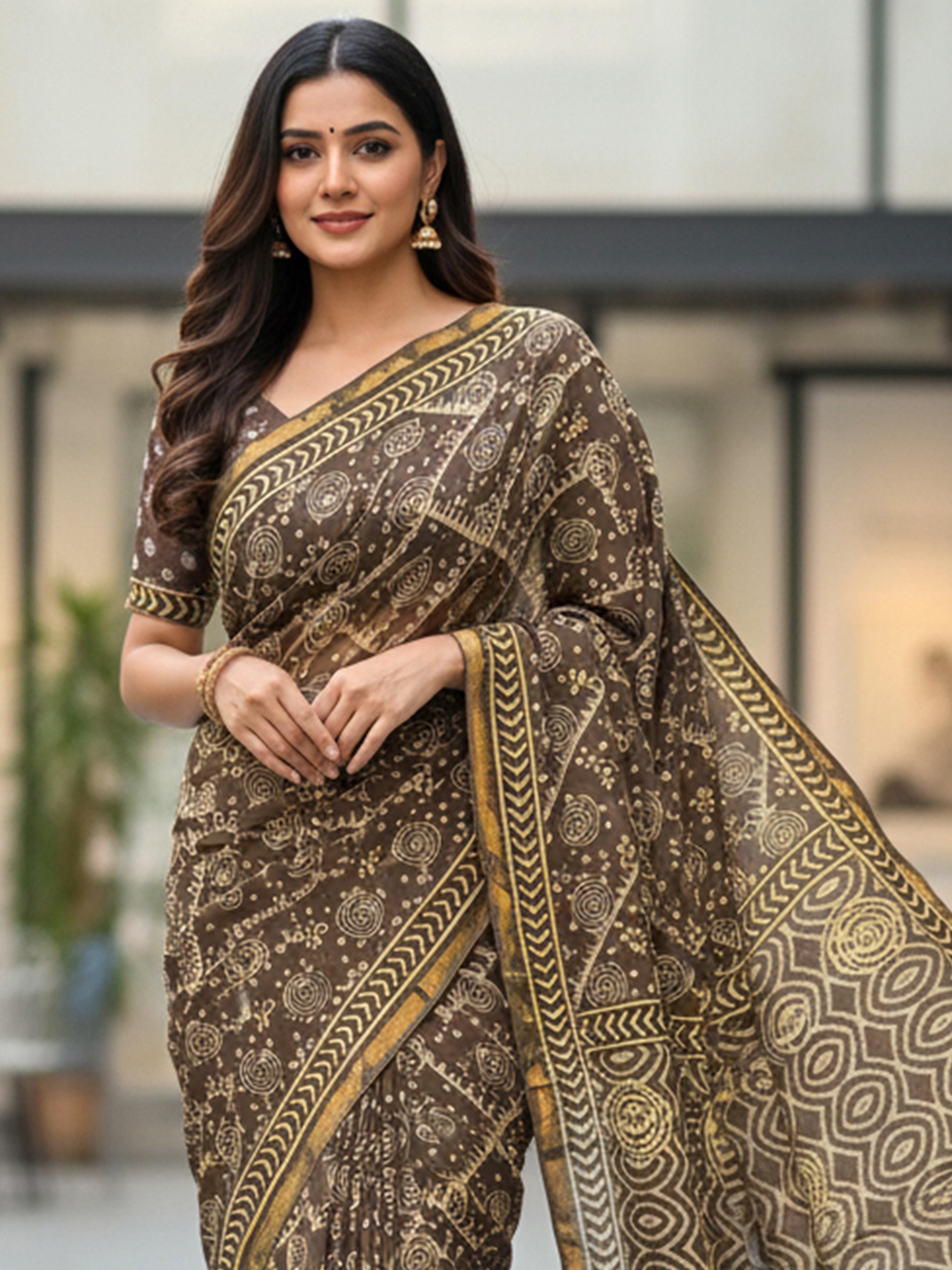 Brown Pure Soft Cotton Bagru Block Print Saree