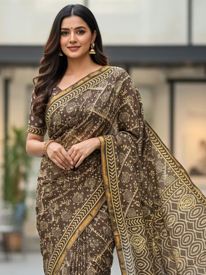 Brown Pure Soft Cotton Bagru Block Print Saree Cotton saree Anant Tex Exports Pvt.Ltd..