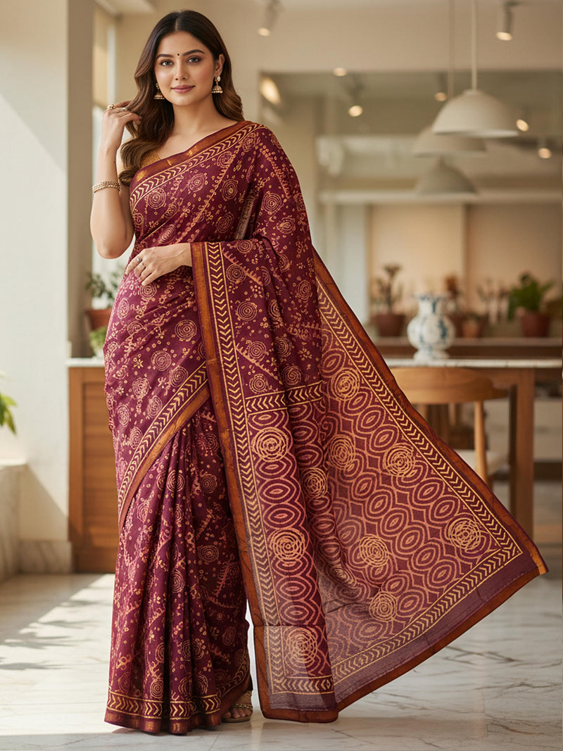 Maroon Pure Soft Cotton Bagru Block Print Saree