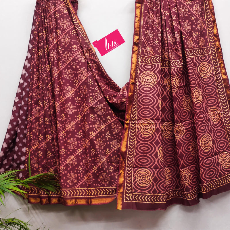 Maroon Pure Soft Cotton Bagru Block Print Saree