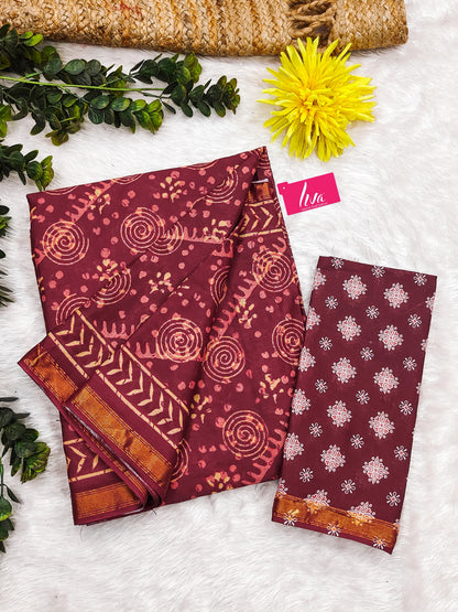 Maroon Pure Soft Cotton Bagru Block Print Saree Cotton saree Anant Tex Exports Pvt.Ltd..