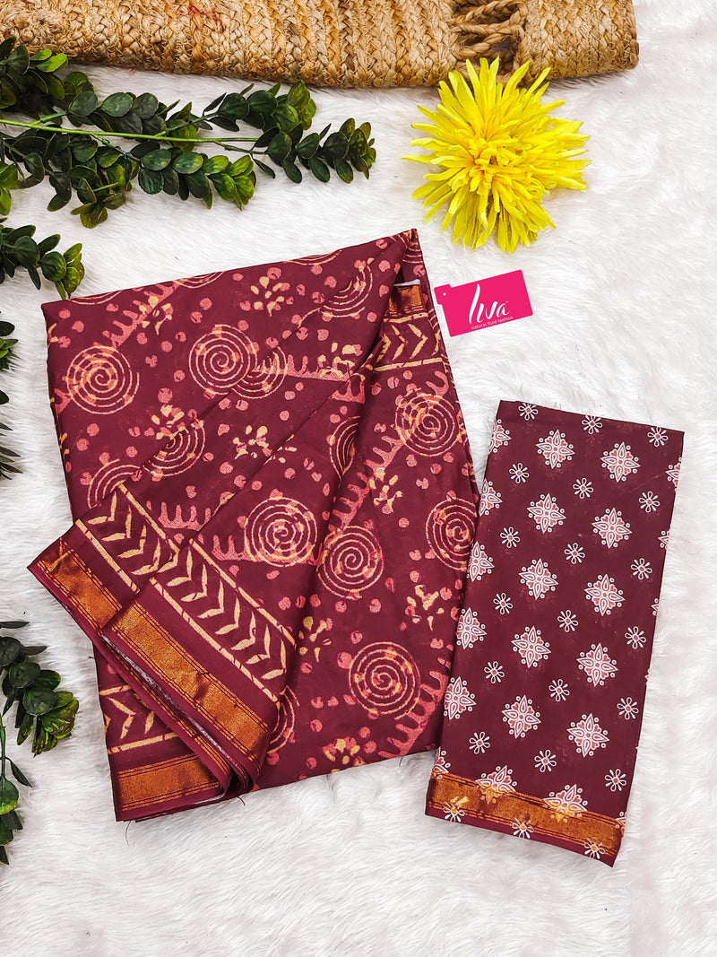 Maroon Pure Soft Cotton Bagru Block Print Saree