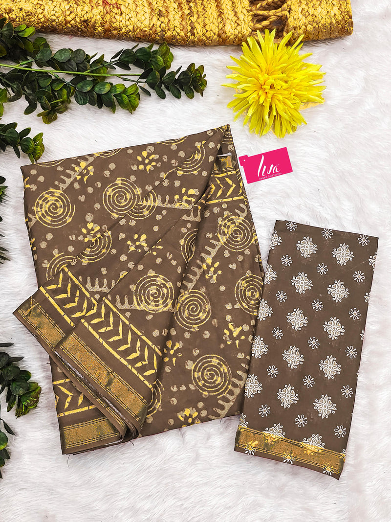 Brown Pure Soft Cotton Bagru Block Print Saree