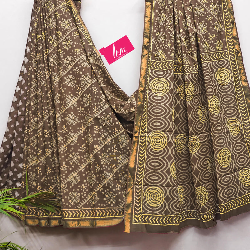 Brown Pure Soft Cotton Bagru Block Print Saree