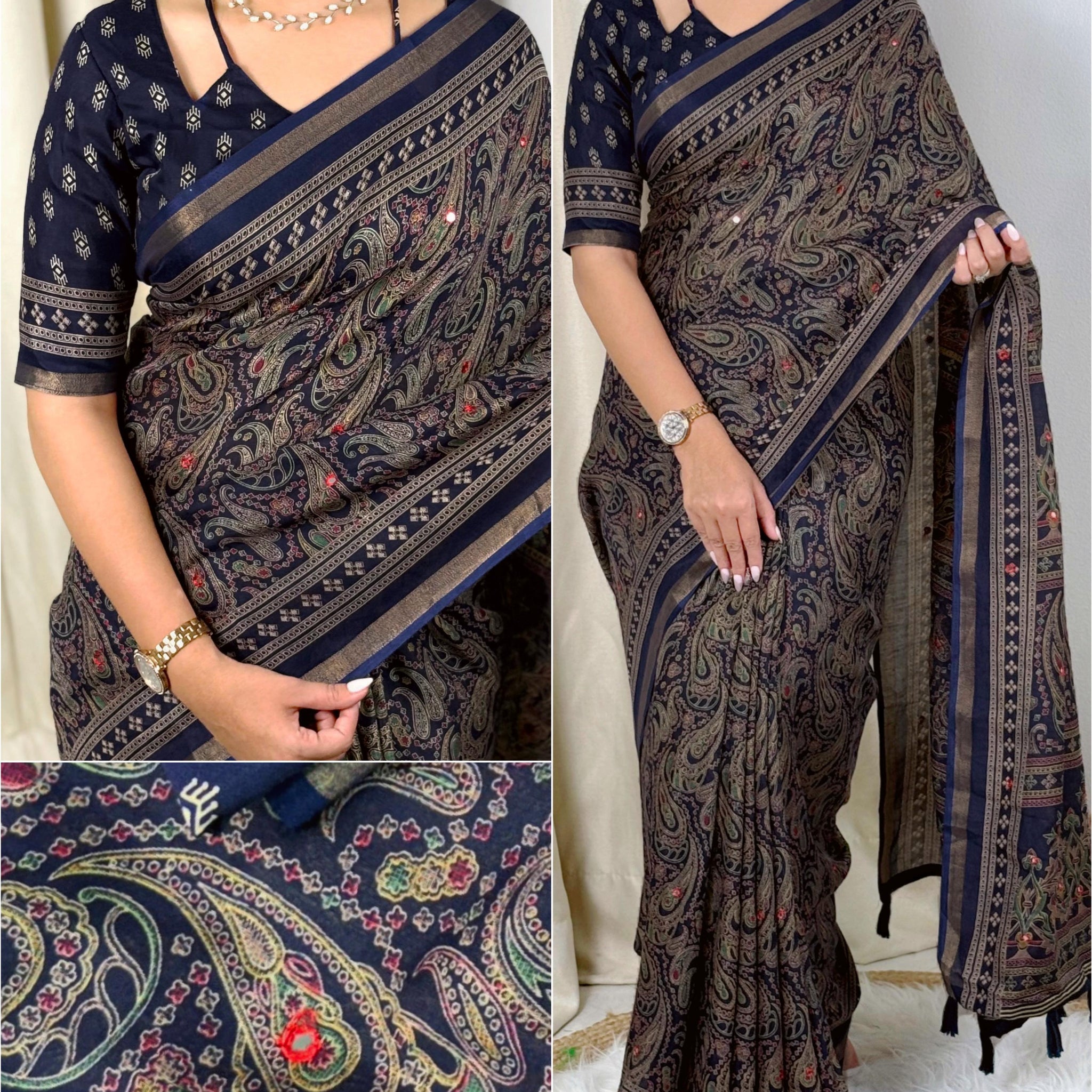 Blue Pure Soft Cotton Kalamkari Print Saree