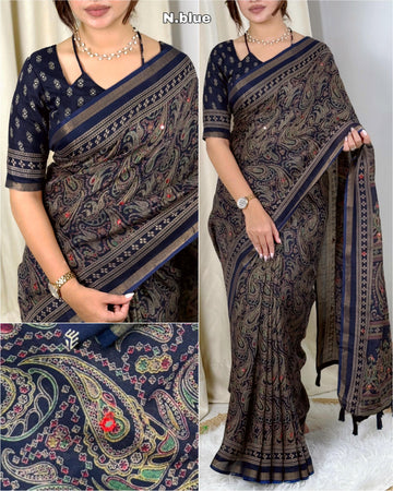 Blue Pure Soft Cotton Kalamkari Print Saree