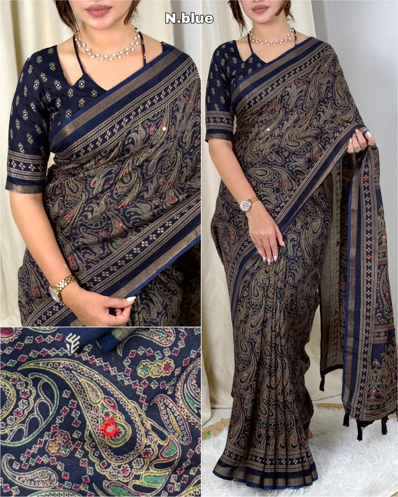 Blue Pure Soft Cotton Kalamkari Print Saree