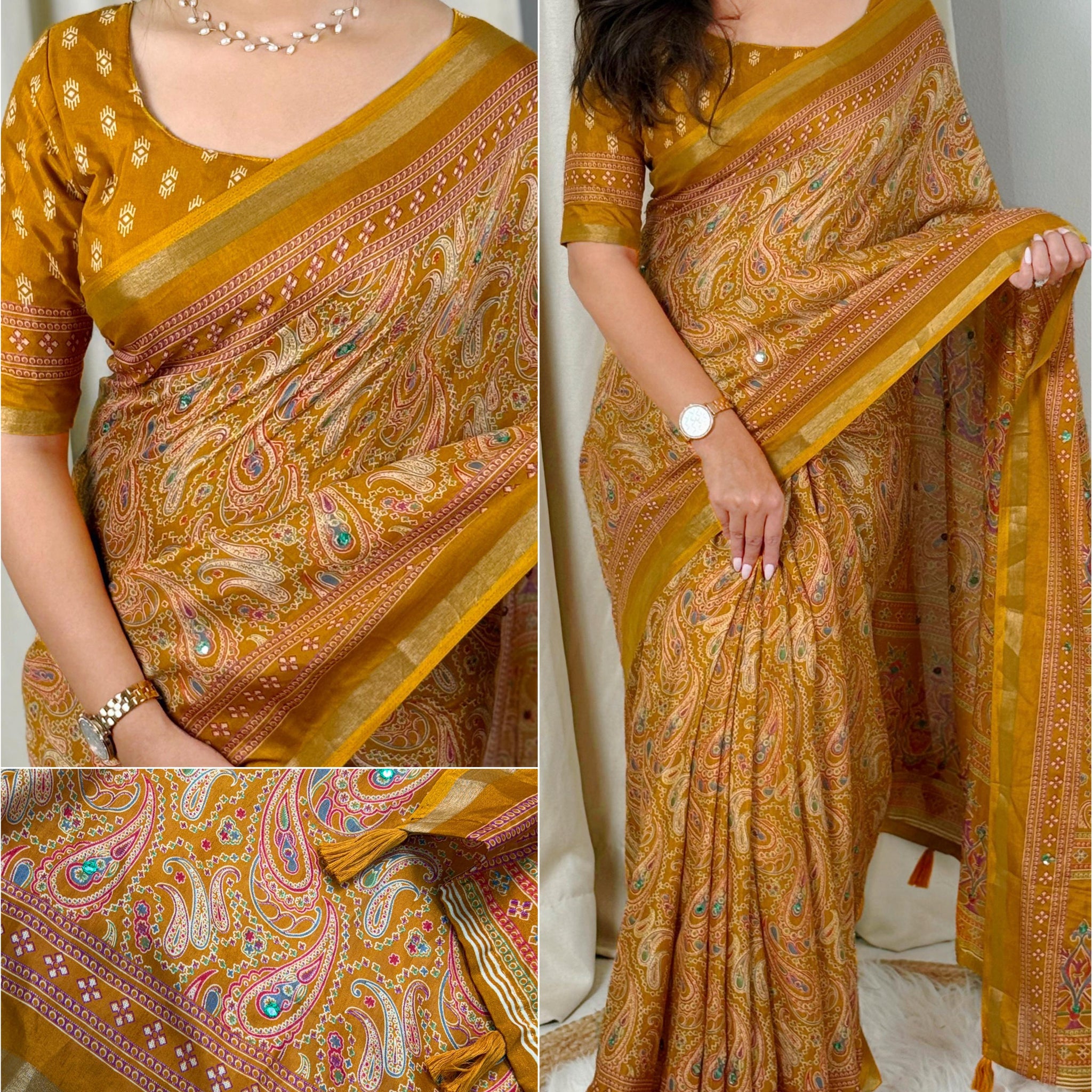Yellow Pure Soft Cotton Kalamkari Print Saree