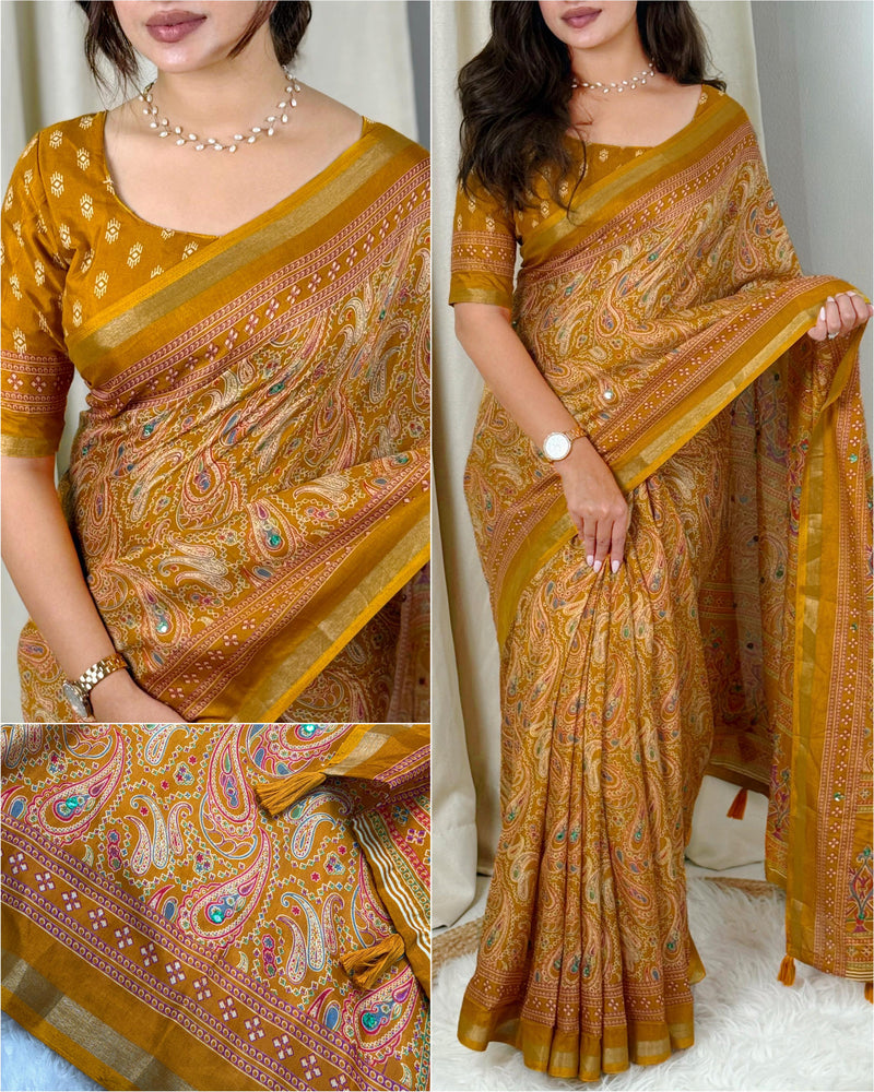 Yellow Pure Soft Cotton Kalamkari Print Saree