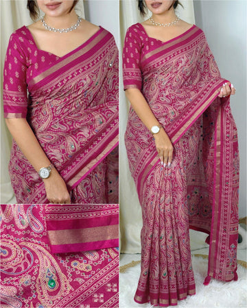 Pink Pure Soft Cotton Kalamkari Print Saree