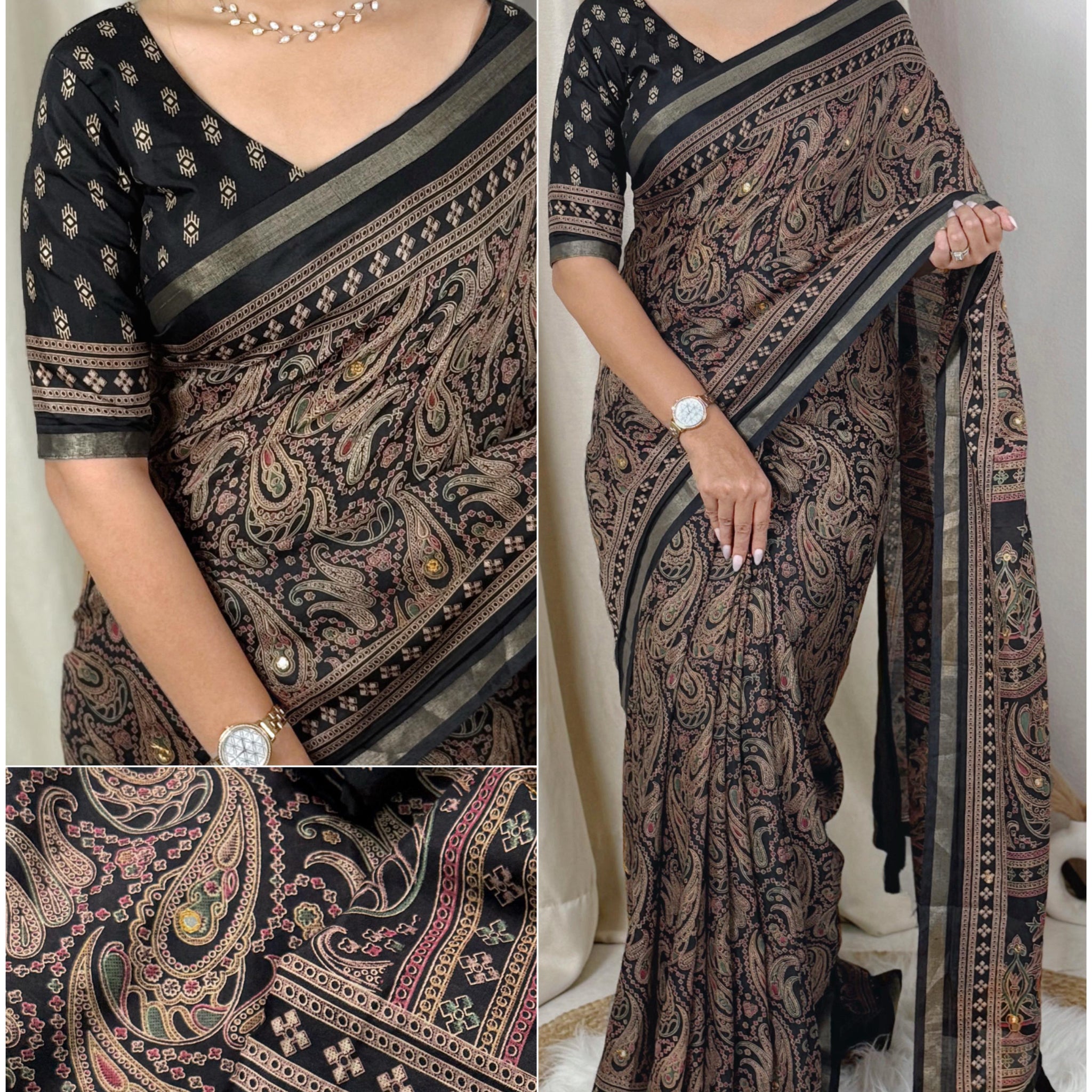Black Pure Soft Cotton Kalamkari Print Saree