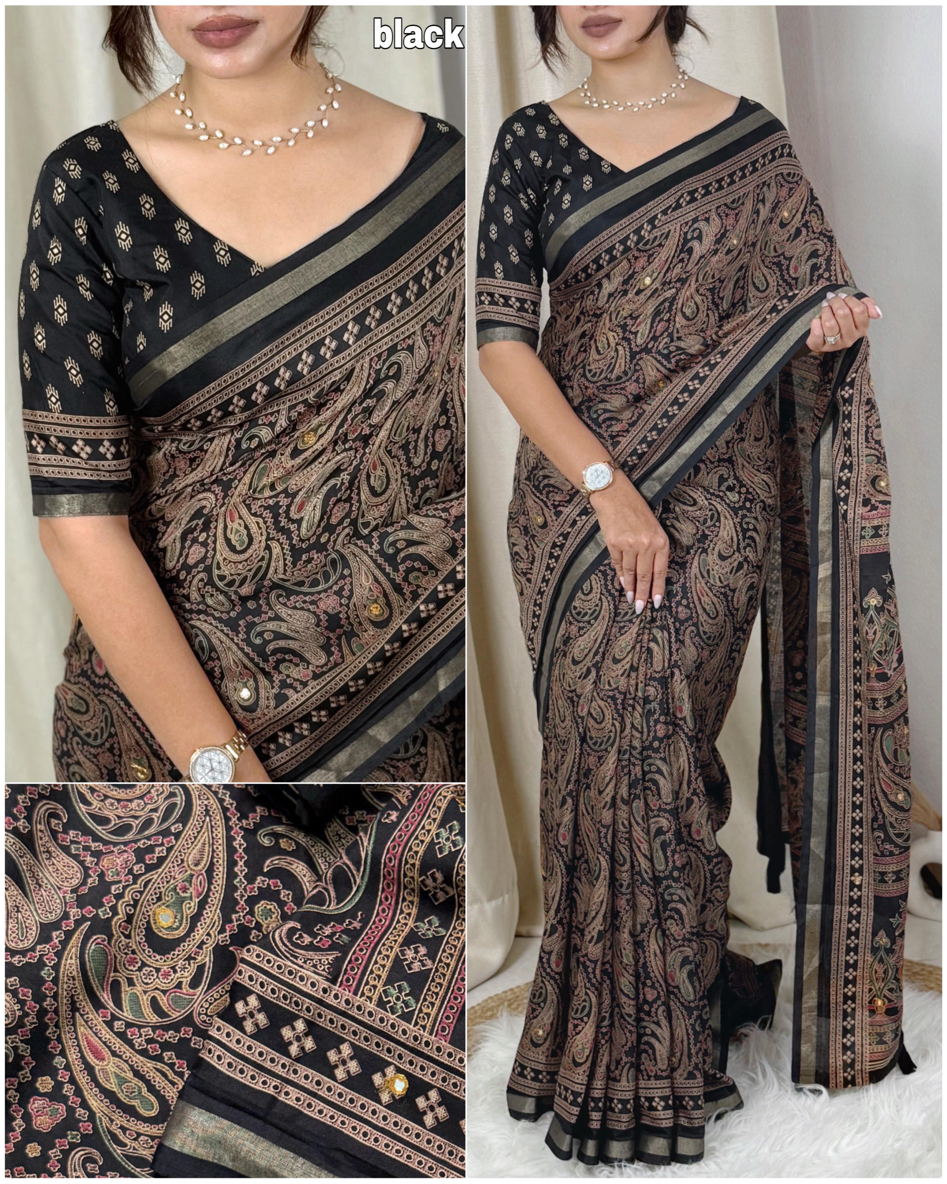 Black Pure Soft Cotton Kalamkari Print Saree