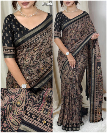 Black Pure Soft Cotton Kalamkari Print Saree