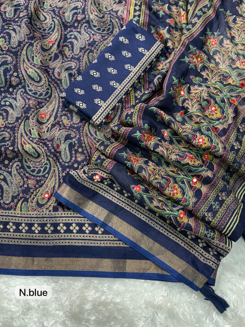 Blue Pure Soft Cotton Kalamkari Print Saree