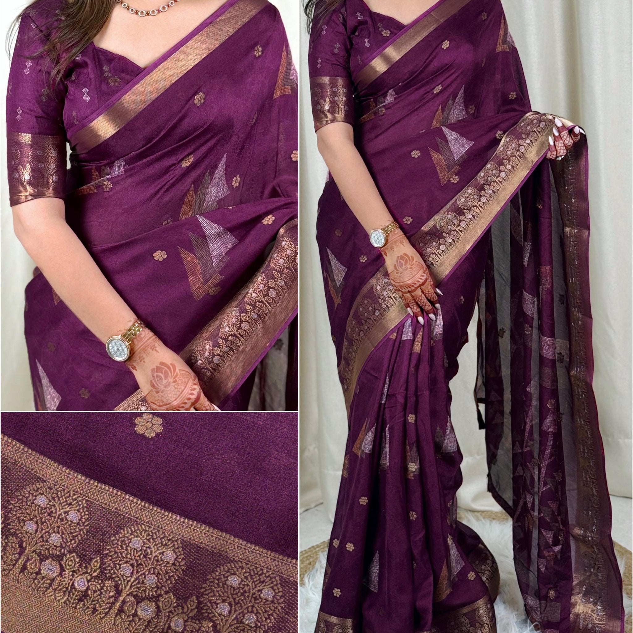Wine Pure Moss Cotton Designer Saree