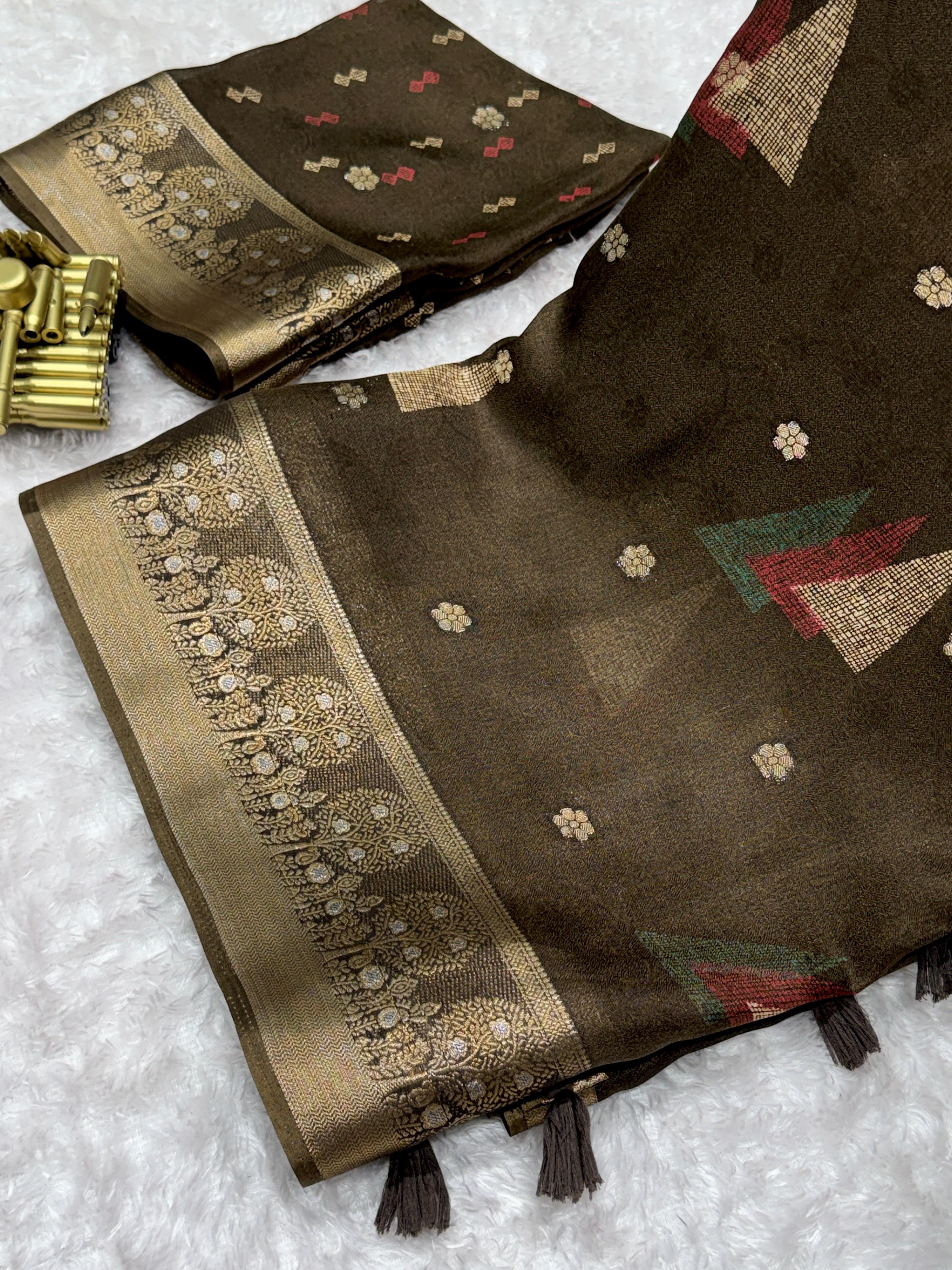 Brown Pure Moss Cotton Designer Saree