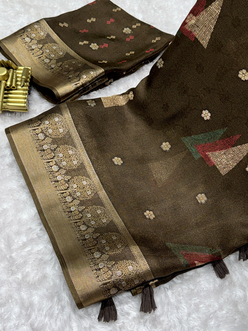 Brown Pure Moss Cotton Designer Saree