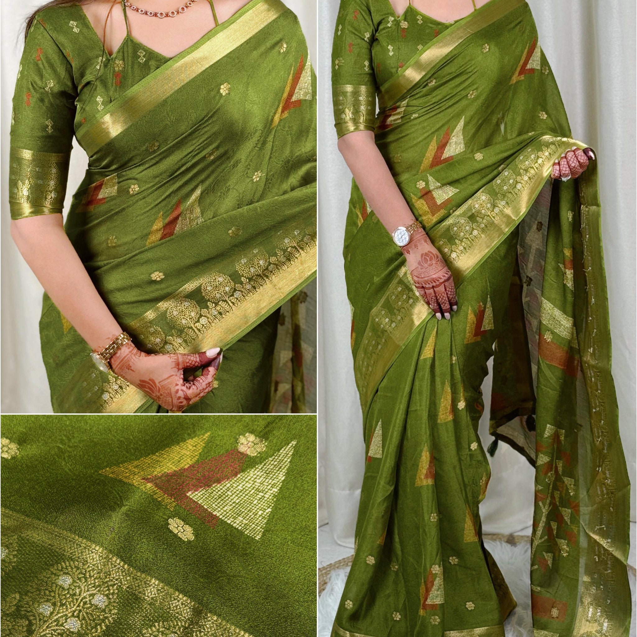 Green Pure Moss Cotton Designer Saree