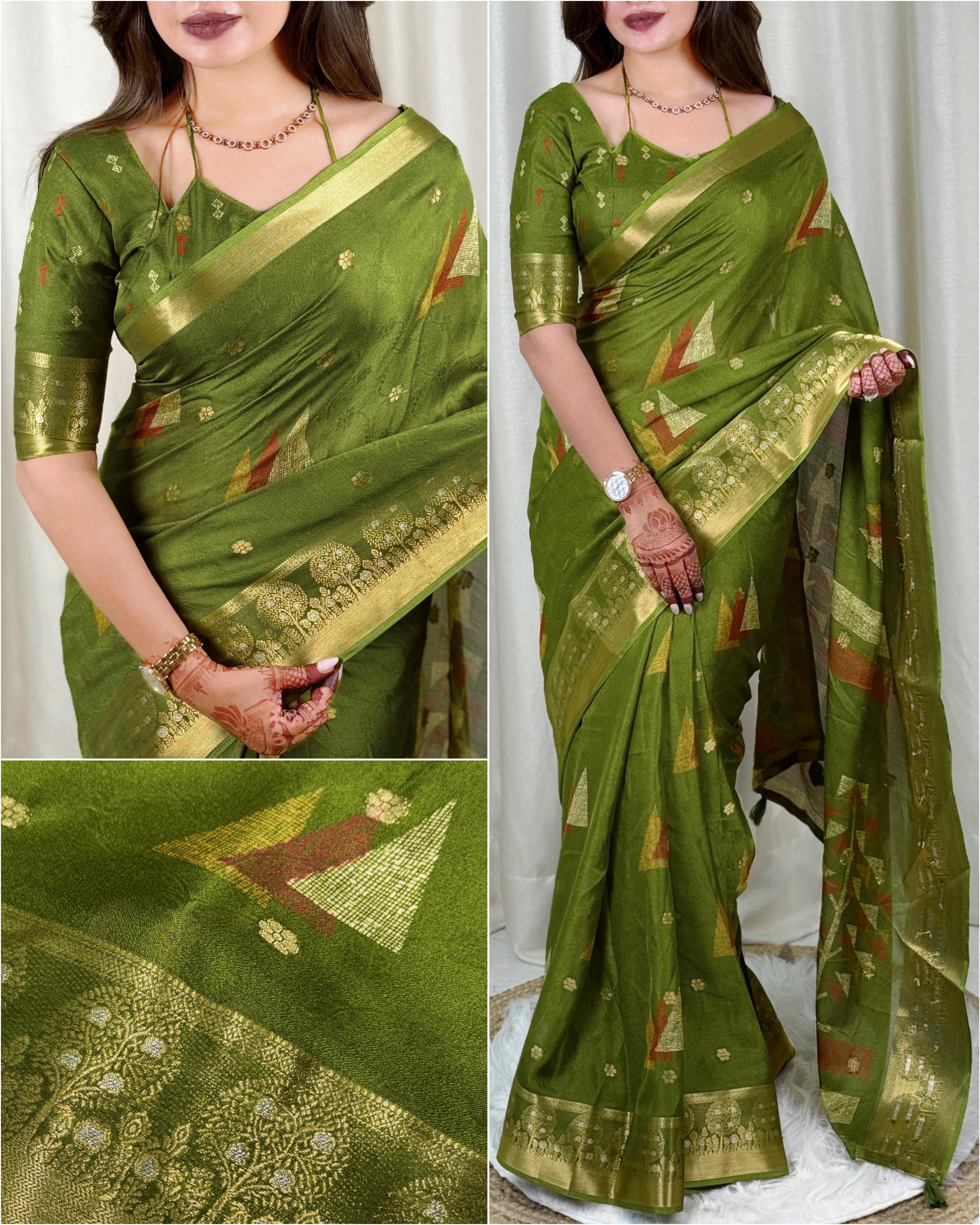 Green Pure Moss Cotton Designer Saree