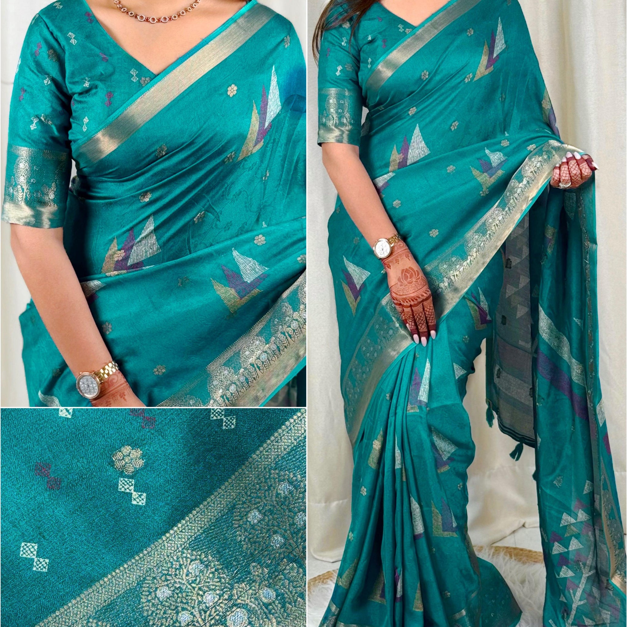 Teal Pure Moss Cotton Designer Saree