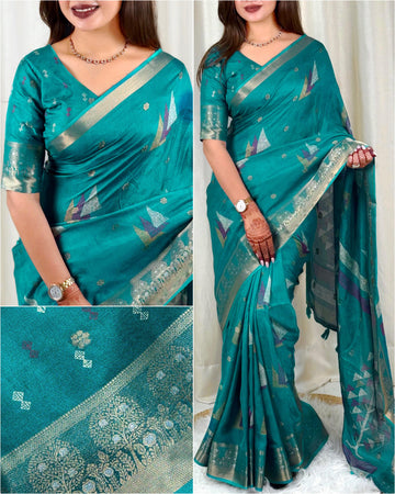 Teal Pure Moss Cotton Designer Saree