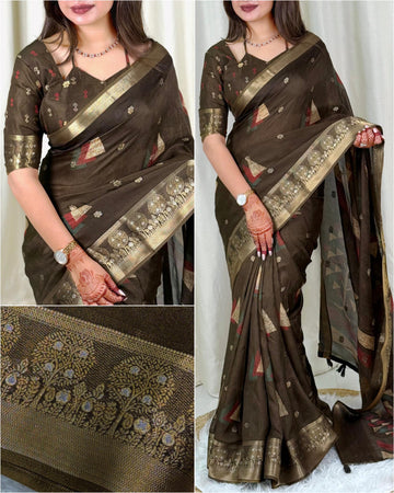 Brown Pure Moss Cotton Designer Saree