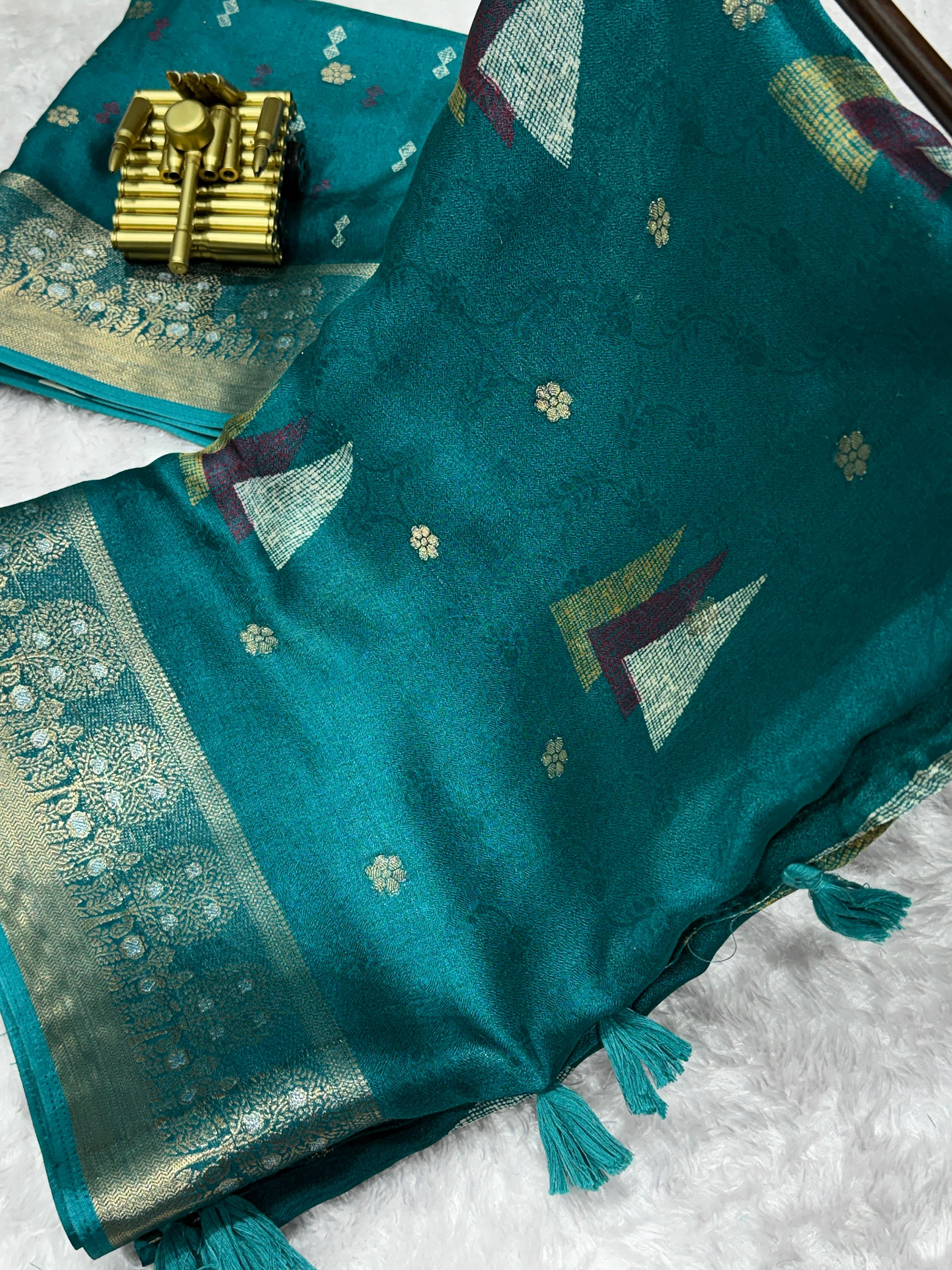 Teal Pure Moss Cotton Designer Saree