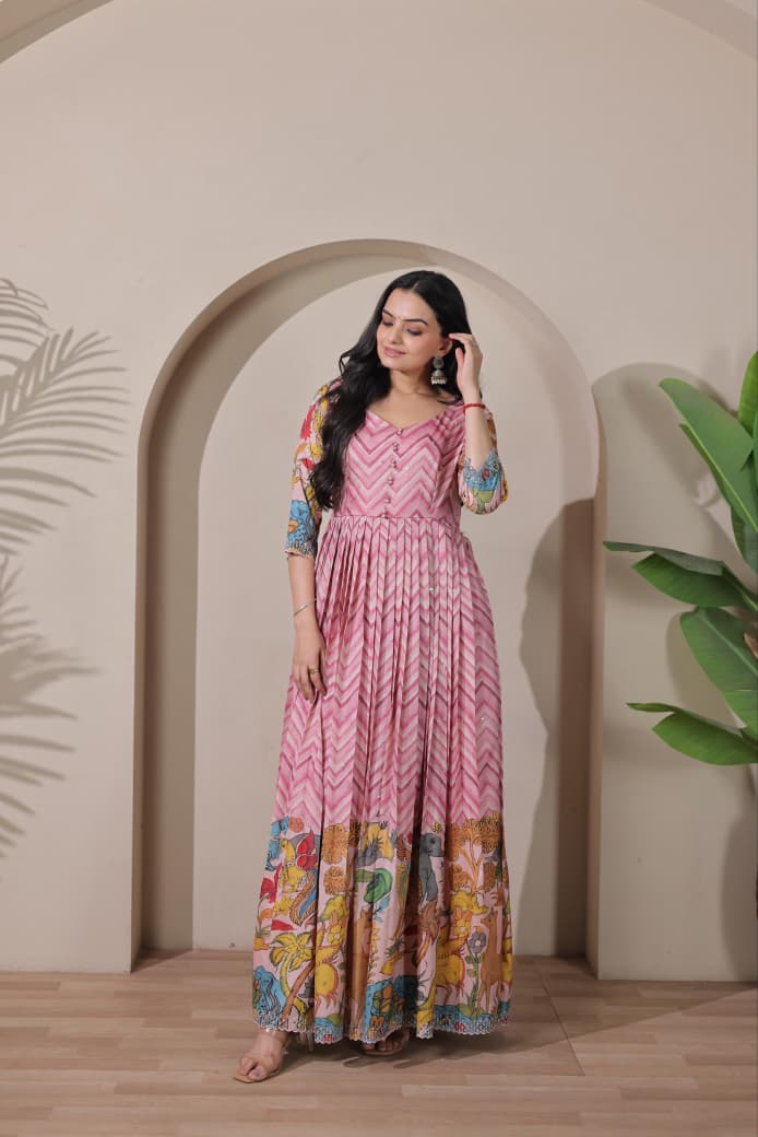Pink Pure Tussar Silk Anarkali Gown