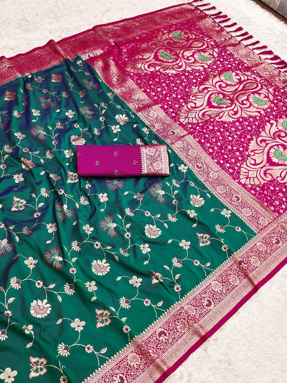 Green Banarasi Jaal Zari Woven Silk Banarasi Saree Banarasi Silk Saree Anant Tex Exports Pvt.Ltd..