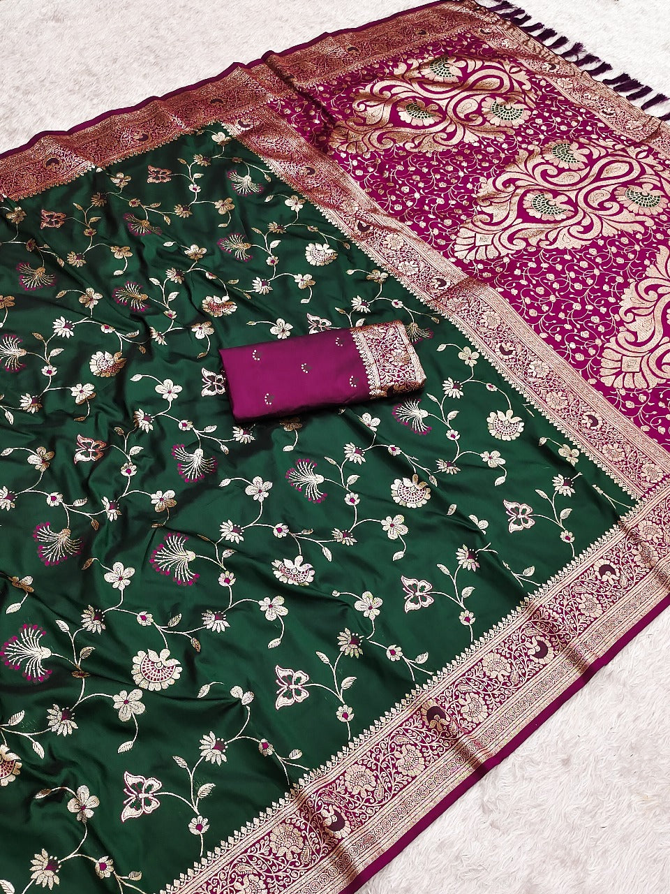 Bottle Green Banarasi Jaal Zari Woven Silk Banarasi Saree Banarasi Silk Saree Anant Tex Exports Pvt.Ltd..