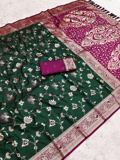 Bottle Green Banarasi Jaal Zari Woven Silk Banarasi Saree Banarasi Silk Saree Anant Tex Exports Pvt.Ltd..