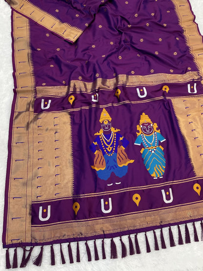 Wine Zari Woven Vitthala God Special Paithani Silk Saree Banarasi Silk Saree Anant Tex Exports Pvt.Ltd..
