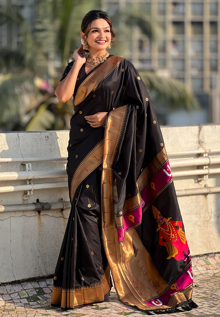 Black Zari Woven Vitthala God Special Paithani Silk Saree Banarasi Silk Saree Anant Tex Exports Pvt.Ltd..