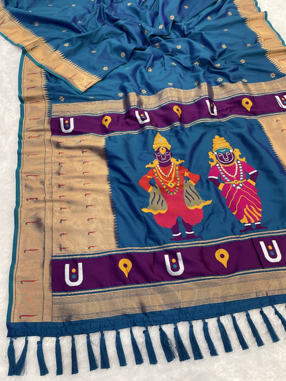 Denim Blue Zari Woven Vitthala God Special Paithani Silk Saree Banarasi Silk Saree Anant Tex Exports Pvt.Ltd..