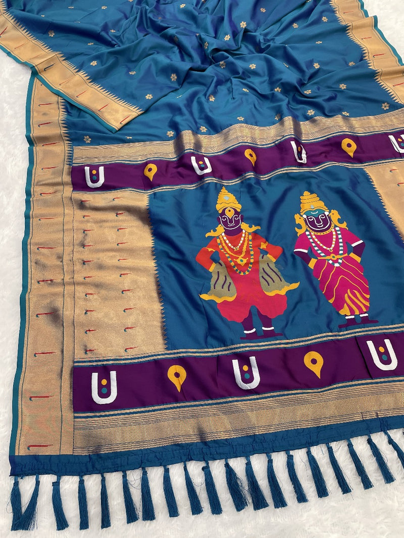 Denim Blue Zari Woven Vitthala God Special Paithani Silk Saree